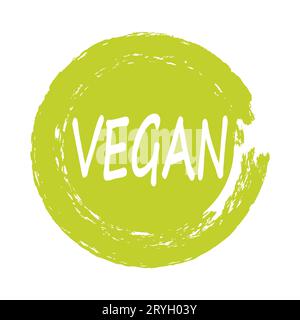 Green vegan diet label, painted logo emblem for food packaging, circle stamp vector illustration. Food vegan sticker, round logo vegetarian diet icon Stock Vector