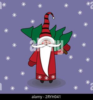 Cute Gnomes Santa Claus. Winter character gnome with christmas tree.Vector illustration Stock Vector