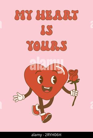 Groovy lovely heart retro poster. Groovy retro heart. Hippie happy heart in retro cartoon style.Valentines Day. Vintage heart. Vector illustration Stock Vector