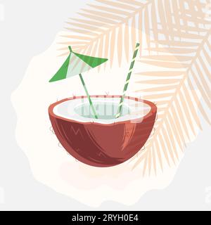 Fresh tropical cocktail in coconut half. Refreshing beach drink decorated with umbrella and straw Stock Vector
