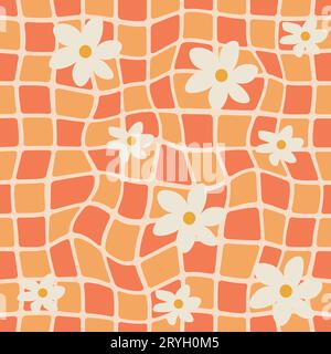 Mosaic seamless pattern with daisy. Retro rounded squares. Minimalistic Scandinavian style in pastel colors. Ideal for printing baby clothes, textiles Stock Vector
