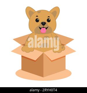 Cute homeless puppy inside a cardboard box is begging for the adoption. Adopt don't shop vector illustration for animal shelter poster. Stock Vector