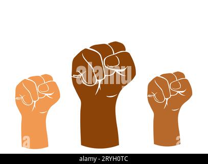 People of different nationalities and races raise up fists.Protest, stop racism, equality concept. Human hands with clenched fists.Isolated. Vector il Stock Vector