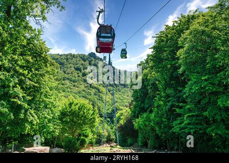 A view from Thale to the Hexentanzplatz in the Harz Mountains with the cable car Stock Photo