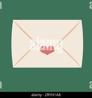 Envelope on a green background. Modern hand-drawn vector illustration of a closed envelope. Small heart detail, love letter. Cute isolated illustrated Stock Vector