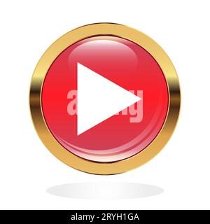 Play icon on red glossy button.Round glass web icons with gold frame. Vector illustration isolated on white background Stock Vector