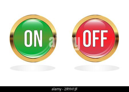 On, off buttons, power switches.Round glass web icons with gold frame. Vector llustration isolated on white background Stock Vector