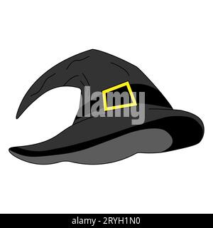 Vector illustration of a cartoon Halloween witch hat. Witch hat with buckle isolated on white background. Design element for Halloween. Stock Vector