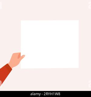 Hand in red shirt holds a rectangular blank sheet of paper. Hand holding template of letter, ticket, invitation, flyer, postcard, certificate, list. V Stock Vector