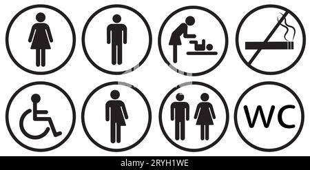 Toilet line icon set on white backgrounds. WC sign. Man, woman, mother with baby and symbol. Restroom for male, female. Vector  illustration Stock Vector