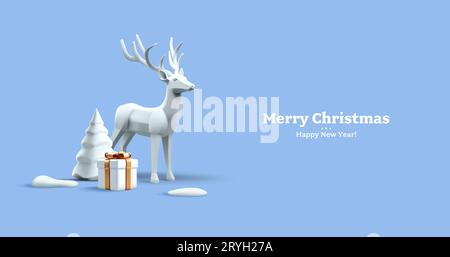 Christmas winter festive 3d composition. Reindeer with Christmas tree and gift box in snow, white render statuettes, realistic trendy postcard illustr Stock Vector