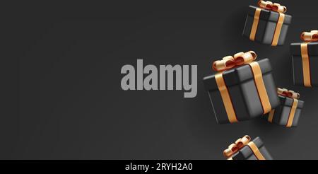 Black 3d gift boxes with golden ribbon and bow in dynamic falling composition on black backdrop Stock Vector