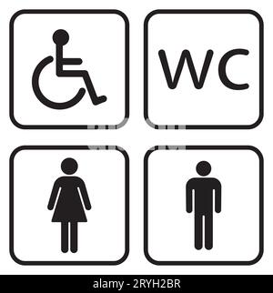 Toilet line icon set on white backgrounds. WC sign. Man, woman, mother with baby and symbol. Restroom for male, female. Vector  illustration Stock Vector