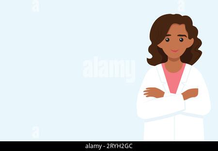 Web banner with a young female doctor in white uniform. Woman doctor portrait. General practitioner in medical uniform, coat. Smiling therapist. Flat Stock Vector