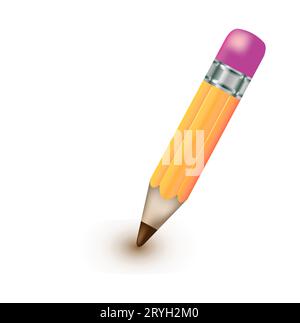 Thick pencil with eraser. Illustration in realistic style.Realistic yellow pencil sharpened with a red rubber band - stock Stock Vector