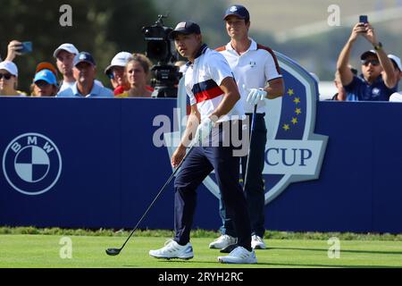 Rome, Italy. 30th Sep, 2023. Rome, Italy 30.09.2023: Collin Morikawa of USA team, Viktor Hovland of Europe team during FOURBALL MATCHES at RYDER CUP 2023 at Marco Simone Golf & Country Club di Guidonia Montecelio, Roma Credit: Independent Photo Agency/Alamy Live News Stock Photo