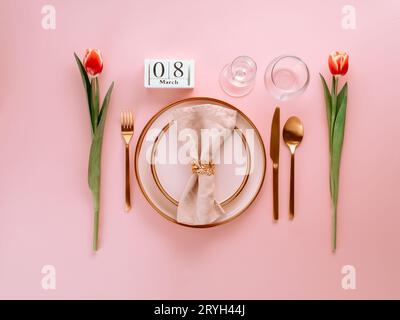 8 march table setting on pink. Copy space Stock Photo