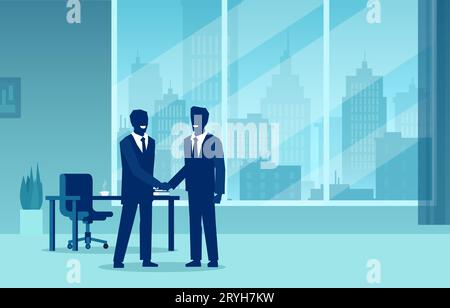 Vector of two businessmen shaking hands in a corporate office Stock Vector