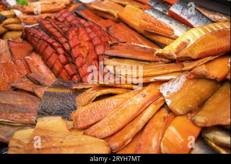 Various smoked fish products Stock Photo