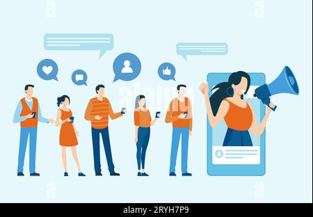 Vector of a group of people using mobile gadgets communicating being attracted by social media influencer Stock Vector
