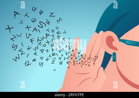 Vector of a woman holds her hand near ear and listens carefully alphabet letters flying in Stock Vector