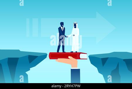 Vector of a western world executive shaking hands with an Arab Businessman, standing on a book that bridged the gap Stock Vector