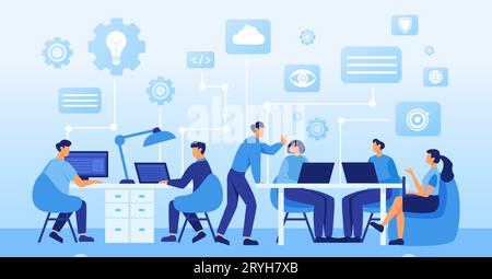 Vector of a young team of people working on a new project in an open space office Stock Vector