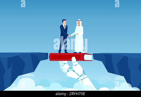 Vector of a robot hand bridging a gap with a book connecting west and east parts of the world, two businessmen shaking hands Stock Vector