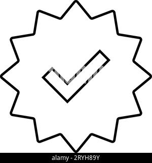 Check mark. Line tick verified badge icon. Approved profile sign. Tick in rounded corners star. Social media official account tick symbol. Top page lo Stock Vector