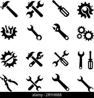 Tools and Service flat icons set. Wrench, screwdriver and gear icon. Screwdriver and wrench glyph icon. Settings and repair, service sign Stock Vector