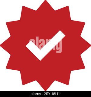 Check mark. Red tick verified badge icon. Approved profile sign. Tick in rounded corners star. Social media official account tick symbol. Top page log Stock Vector