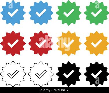 Check mark set. Blue green red yellow and black line tick verified badge icon. Approved profile sign. Tick in rounded corners star. Social media offic Stock Vector