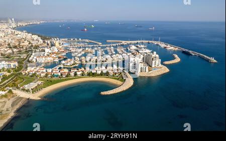 Aerial drone scenery yacht marina. Drone view from above. Limassol harbour, Cyprus, Europe Stock Photo
