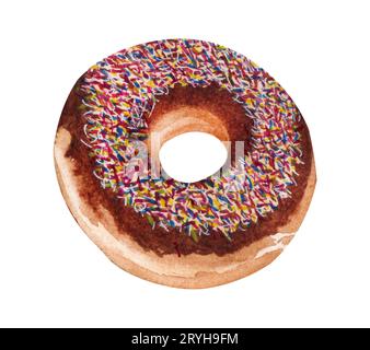 Watercolor illustration with two glazed sweet donuts isolated on white background. Donuts with sprinkling colored confectionery. Stock Photo