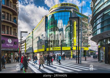 People duty free shopping, street with modern shops in Andorra Stock Photo