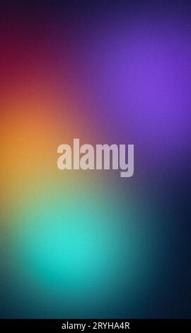 Grainy color gradient background, abstract vibrant colors, grain texture, blurred orange purple green spots on black Stock Photo