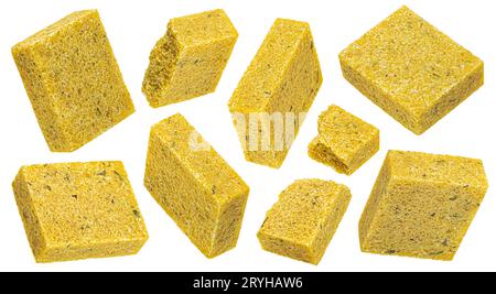 Bouillon cubes isolated on white background, chicken broth concentrate Stock Photo