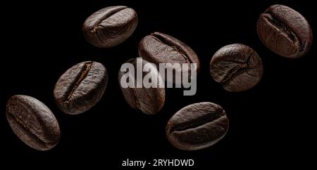 Falling coffee beans isolated on black background Stock Photo