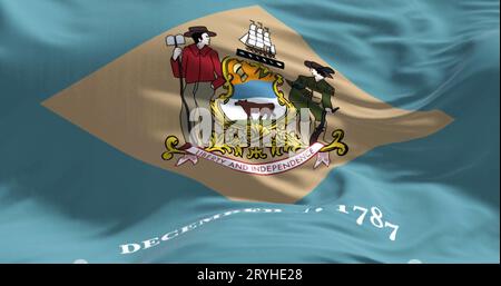Close-up view of the Delaware state flag fluttering. Colonial blue ...