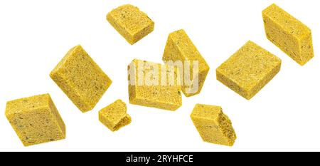 Bouillon cubes isolated on white background, chicken broth concentrate Stock Photo