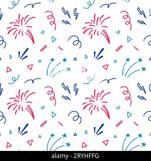 4th of July USA Independence Day doodle seamless pattern. America flag blue, red and white colors. 14th of July Happy National day of France firework Stock Vector