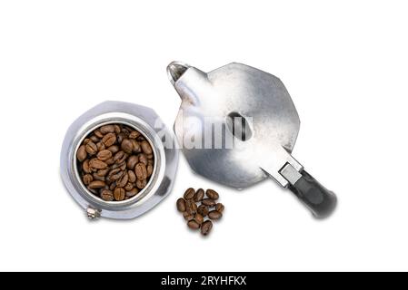 Top view parts of used italian moka pot coffee maker. Stock Photo