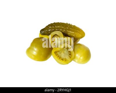 Pickled, marinated tomatoes and cucumbers  isolated on white background Stock Photo