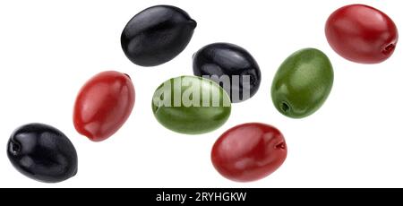 Falling olives mix isolated on white background Stock Photo