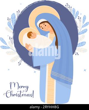 Merry Christmas card. Virgin Mary standing with baby Jesus Christ. Birth of Savior. Holy Night. Vector illustration in cartoon flat style for Xmas hol Stock Vector