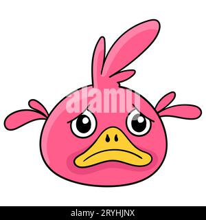 Pink gloomy sad faced cute baby bird head, vector illustration carton emoticon. doodle icon drawing Stock Photo