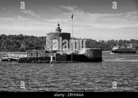 The Martello Tower At Fort Denison In Sydney Harbour, The Manley Ferry, MV Freshwater, From Manley To Circular Quay, To The Right. Sydney, NSW Stock Photo