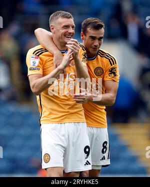 Leicester City's Harry Winks and Jamie Vardy celebrate after the Sky Bet Championship match at Ewood Park, Blackburn. Picture date: Sunday October 1, 2023. Stock Photo