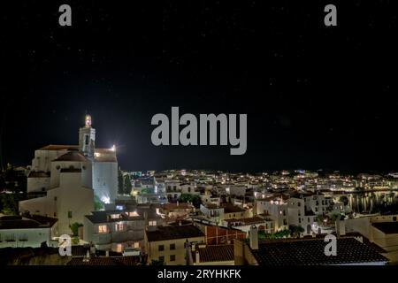 Aerial night view of the church of Cadaques, on the Costa Brava Stock Photo