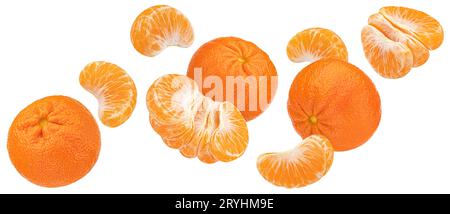 Falling mandarin orange fruits isolated on white background, collection Stock Photo